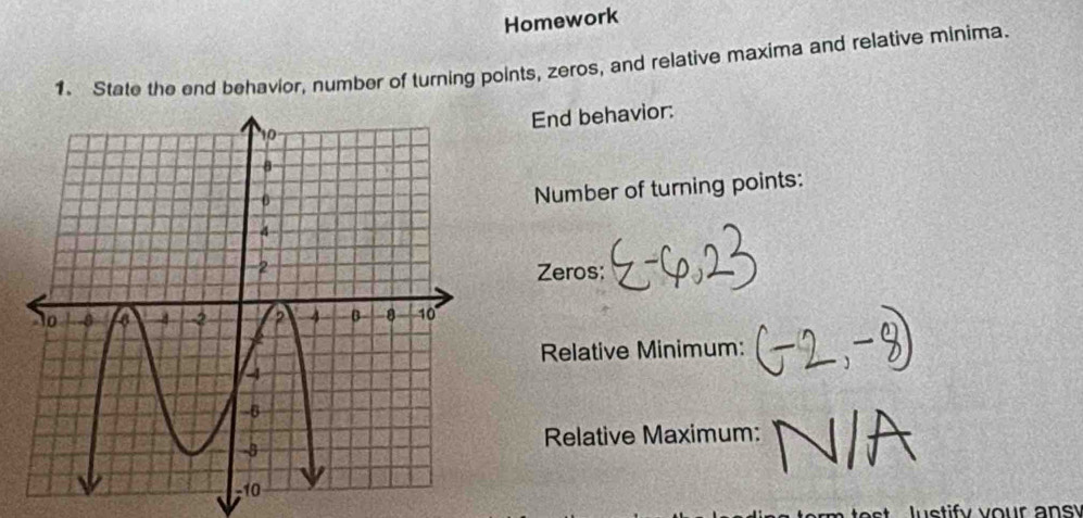 Homework 
1. State the end behavior, number of turning points, zeros, and relative maxima and relative minima. 
End behavior: 
Number of turning points: 
Zeros: 
Relative Minimum: 
Relative Maximum: 
lnstify vour ansy