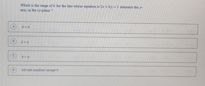 Which is the range of k for the line whose equation is 2x+ky=1 intersects the y-
axis, in the xy -plane ?
A k=0
B k>0
C k<0</tex>
All real numbers except 0