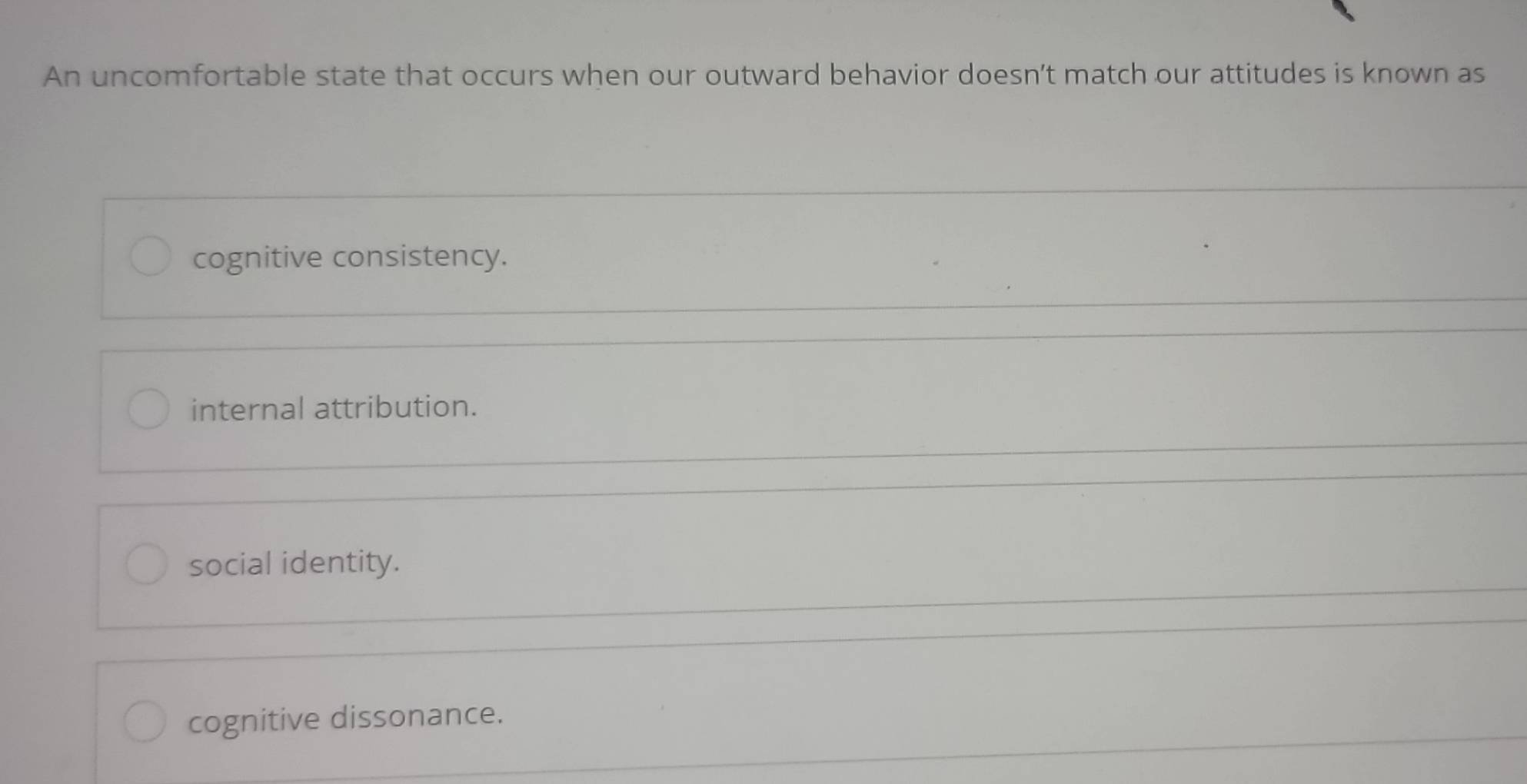 Solved: An uncomfortable state that occurs when our outward behavior ...