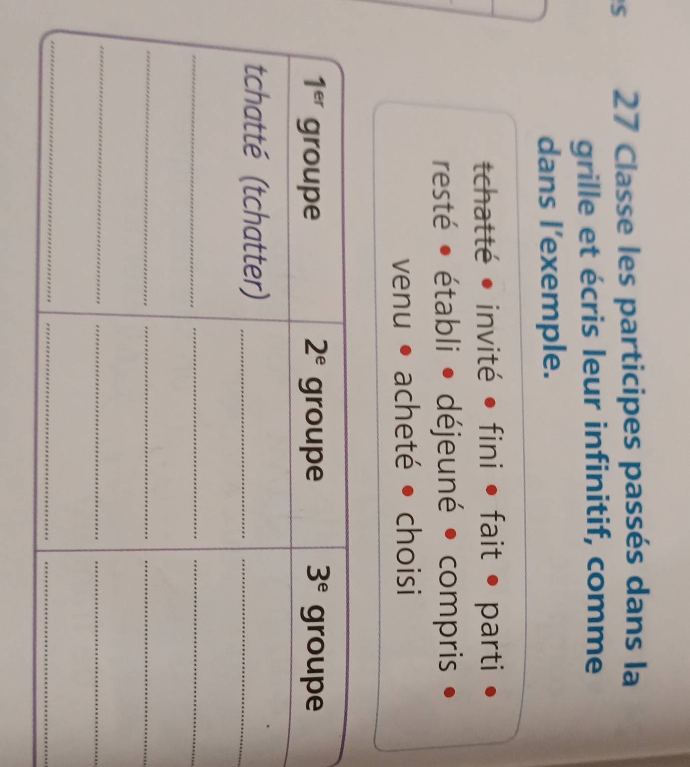 Classe les participes passés dans la
grille et écris leur infinitif, comme
dans l’exemple.
tchatté • invité • fini • fait • parti
resté : établi • déjeuné • compris
venu • acheté • choisi