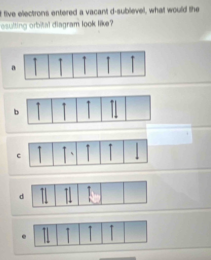 five electrons entered a vacant d-sublevel, what would the
esulting orbital diagram look like?
a
C
d
e