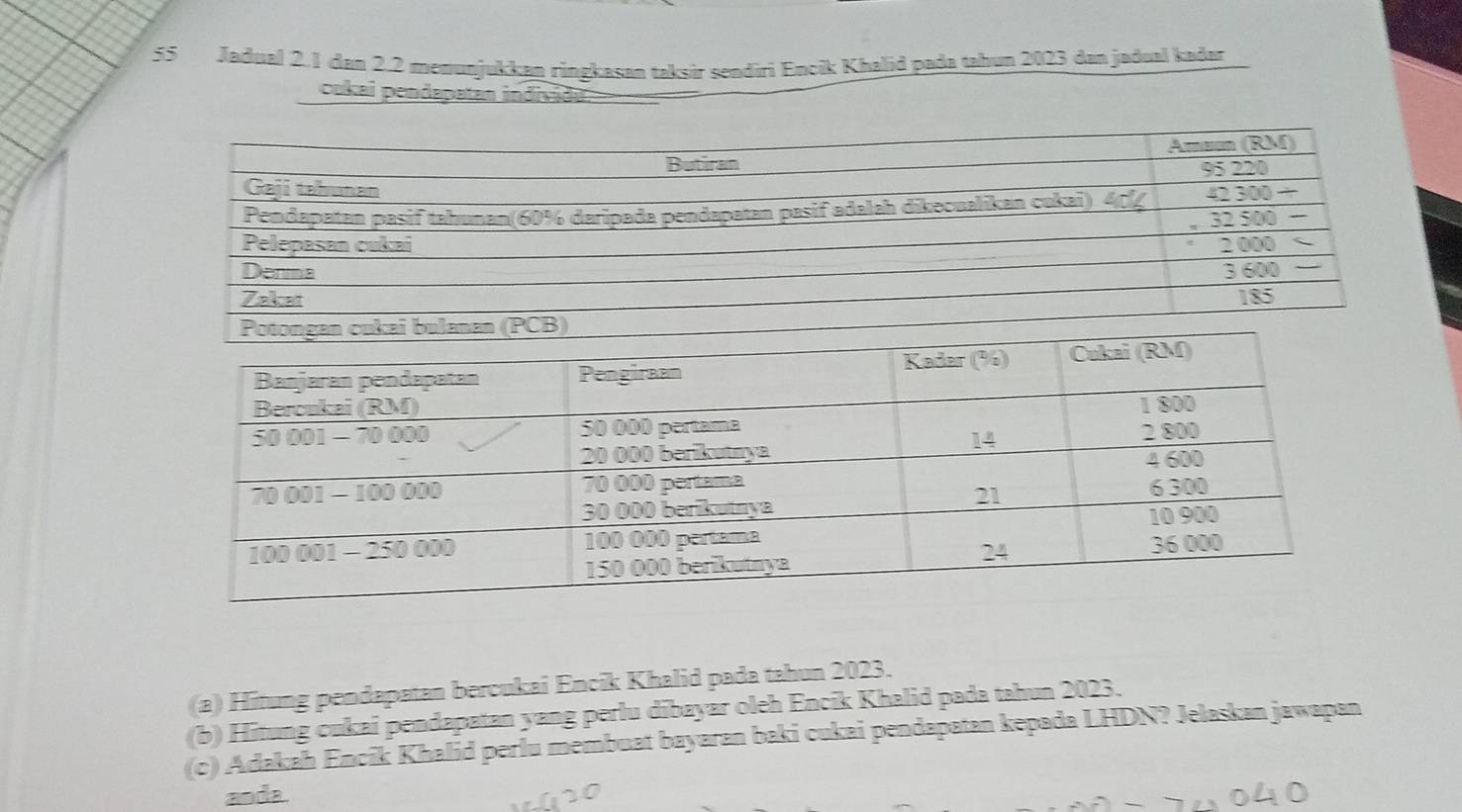 Jadual 2.1 dan 2.2 menunjukkan ringkasan taksir sendiri Encík Khalid pada tahun 2023 dan jadual kadar
cokai pendapatan indivída
(a) Hitung pendapatan bercukai Encik Khalid pada tahun 2023.
(b) Hitung cukai pendapatan yang perlu dibayar oleh Encik Khalid pada tahun 2023.
(c) Adakah Encik Khalid perlu membuat bayaran baki cukai pendapatan kepada LHDN? Jelaskan jawapan
anda