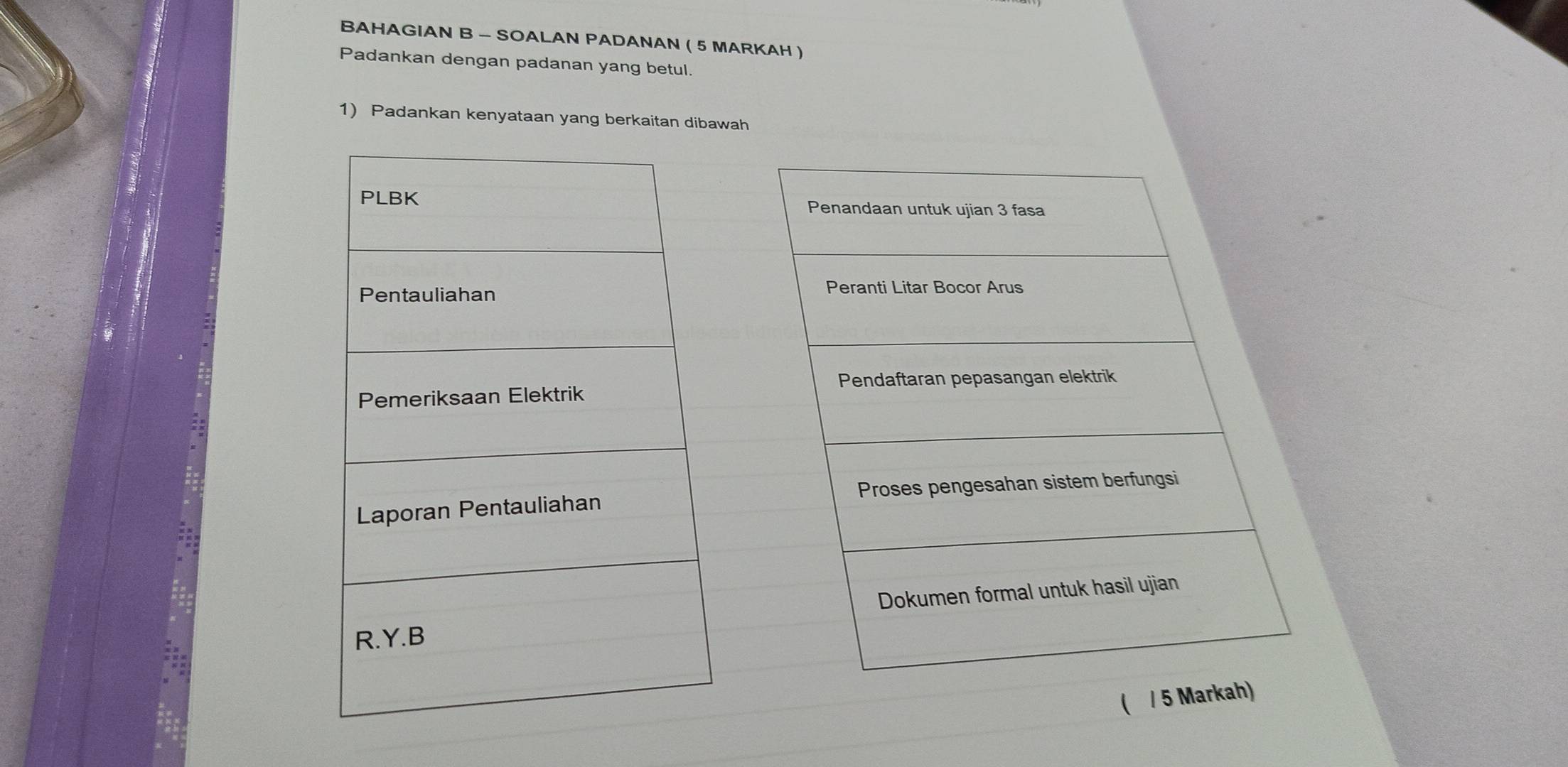 BAHAGIAN B - SOALAN PADANAN ( 5 MARKAH ) 
Padankan dengan padanan yang betul. 
1) Padankan kenyataan yang berkaitan dibawah