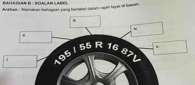 BAHAGIAN B : SOALAN LABEL 
Arahan : Namakan bahagian yang berlabel dalam rajah tayar di bawah. 
ⅲ. 
iv. 
ⅱi.
55 a 
V.
57

i.