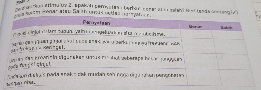 Soal 5 
Berdasarkan stimulus 2, apakah pernyataan berikut benar atau salah? Beri tanda centang (✓) 
lom Benar atau Salah untuk s