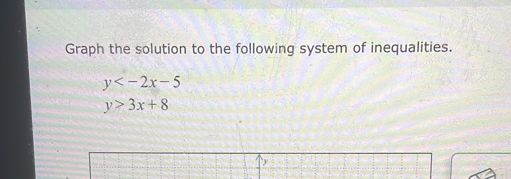 Graph the solution to the following system of inequalities.
y
y>3x+8
y