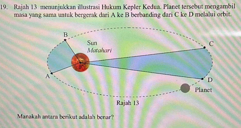 Rajah 13 menunjukkan illustrasi Hukum Kepler Kedua. Planet tersebut mengambil 
masa yang sama untuk bergerak dari A ke B berbanding dari C ke D melalui orbit. 
Manakah antara berikut adalah benar?