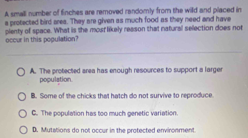 A small number of finches are removed randomly from the wild and placed in
a protected bird area. They are given as much food as they need and have
pienty of space. What is the most likely reason that natural selection does not
occur in this population?
A. The protected area has enough resources to support a larger
population.
B. Some of the chicks that hatch do not survive to reproduce.
C. The population has too much genetic variation.
D. Mutations do not occur in the protected environment.