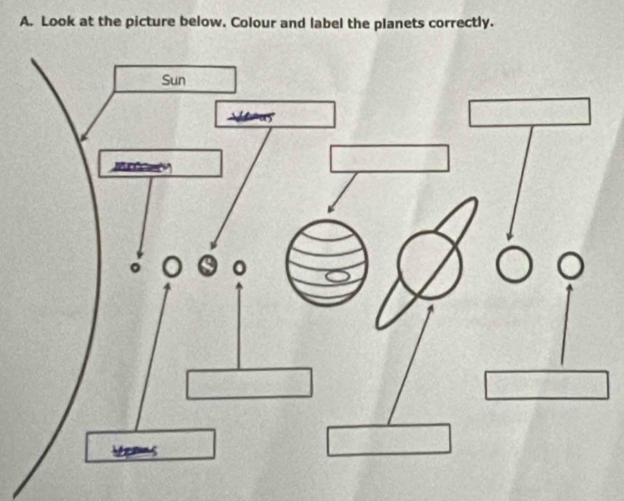 Look at the picture below. Colour and label the planets correctly.