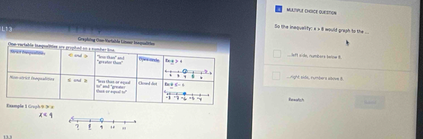 QUESTION
So the inequality:
L13 x>8 would graph to the ....
Graphing One-Variable Linear Inequaliti..left side, numbers below B....right side, numbers above B.
Rewatch
x
13.1