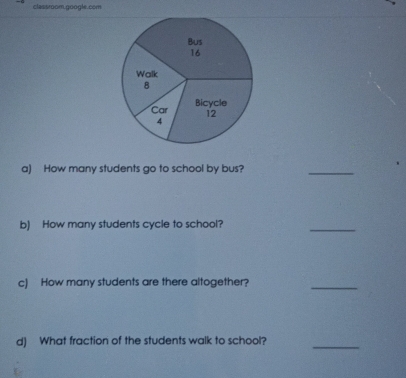 classroom.google.com 
a) How many students go to school by bus? 
_ 
b) How many students cycle to school? 
_ 
c) How many students are there altogether? 
_ 
d) What fraction of the students walk to school? 
_