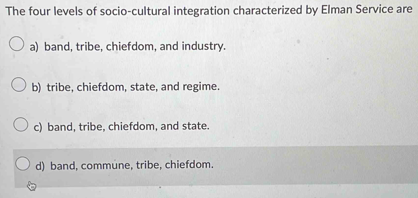 Solved: The four levels of socio-cultural integration characterized by ...