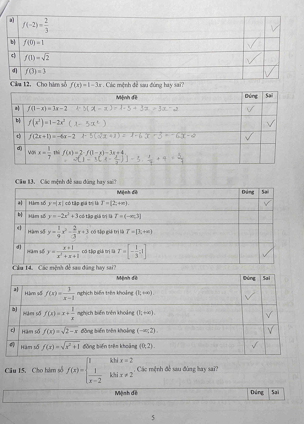 f(x)=1-3x. Các mệnh đề sau đúng hay sai?
Câu 13. Các mệnh đề sau đúng hay sai?
Câu 15. Cho hàm số f(x)=beginarrayl 1khix=2  1/x-2 khix!= 2endarray.. Các mệnh đề sau đúng hay sai?
Mệnh đề Đúng Sai
5