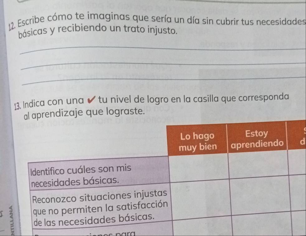 Escribe cómo te imaginas que sería un día sin cubrir tus necesidades 
básicas y recibiendo un trato injusto. 
_ 
_ 
_ 
13. Indica con una ✔ tu nivel de logro en la casilla que corresponda 
dizaje que lograste. 
d