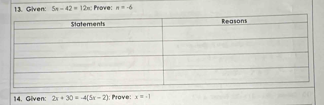 Given: 5n-42=12n; Prove: n=-6
14. Given: 2x+30=-4(5x-2); Prove: x=-1