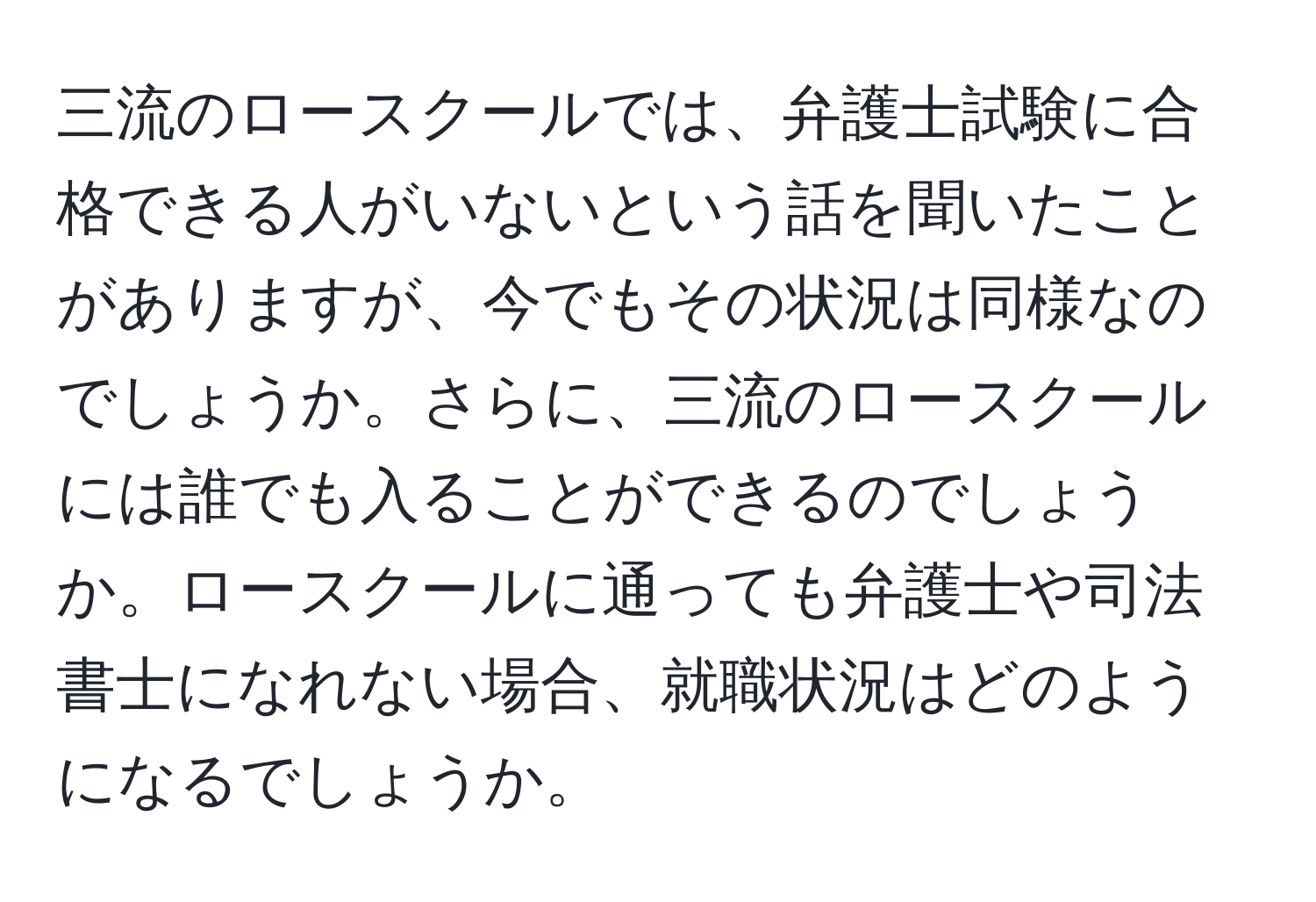 三流のロースクールでは、弁護士試験に合格できる人がいないという話を聞いたことがありますが、今でもその状況は同様なのでしょうか。さらに、三流のロースクールには誰でも入ることができるのでしょうか。ロースクールに通っても弁護士や司法書士になれない場合、就職状況はどのようになるでしょうか。