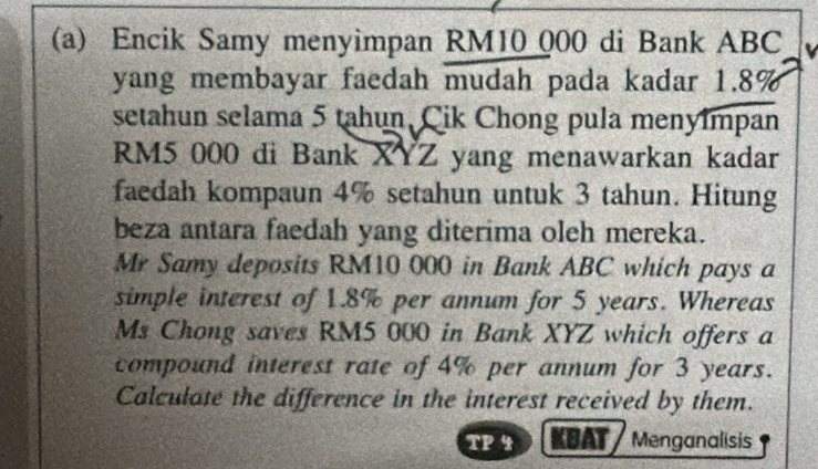 Encik Samy menyimpan RM10 000 di Bank ABC
yang membayar faedah mudah pada kadar 1.8%
setahun selama 5 tahun, Cik Chong pula menyimpan
RM5 000 di Bank XYZ yang menawarkan kadar 
faedah kompaun 4% setahun untuk 3 tahun. Hitung 
beza antara faedah yang diterima oleh mereka. 
Mr Samy deposits RM10 000 in Bank ABC which pays a 
simple interest of 1.8% per annum for 5 years. Whereas 
Ms Chong saves RM5 000 in Bank XYZ which offers a 
compound interest rate of 4% per annum for 3 years. 
Calculate the difference in the interest received by them. 
TP4 KBAT Menganalisis