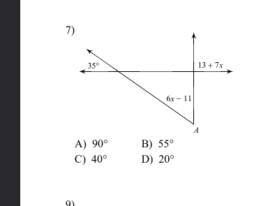 A) 90° B) 55°
C) 40° D) 20°
o1