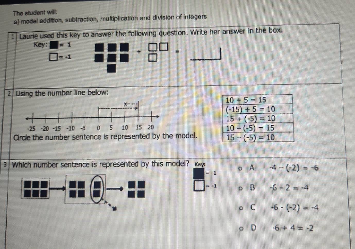 The student will:
a) model addition, subtraction, multiplication and division of integers
1 Laurie used this key to answer the following question. Write her answer in the box.
Key: □ =1
□ =-1
+beginarrayr □ □  □ endarray = _
_
2 Using the number line below:
-25 -20 -15 -10 -5 0 5 10 15 20 
Circle the number sentence is represented by the model.
3 | Which number sentence is represented by this model? Key:
A -4-(-2)=-6
=-1
□ =-1
B -6-2=-4
C -6-(-2)=-4
D -6+4=-2