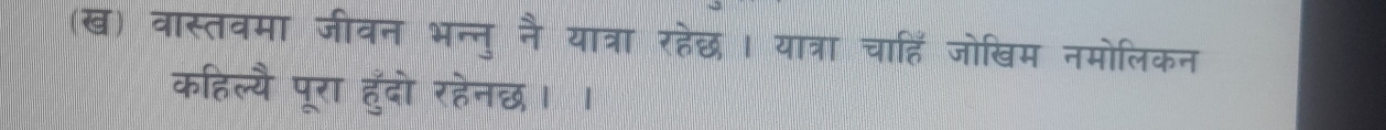 (ख) वास्तवमा जीवन भन्नु नै यात्रा रहेछध। यात्रा चाहिं जोखिम नमोलिकन 
कहिल्यै पूरा हुँदो रहेनछ।।