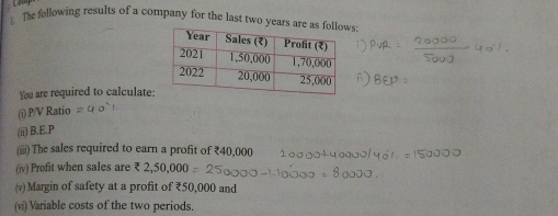 The following results of a company for the last two years ars- 
You are required to calculate: 
(i) P/V Ratio 
(ii) B.E. P
(iii) The sales required to earn a profit of ₹40,000
(jv) Profit when sales are 2500
(v) Margin of safety at a profit of ₹50,000 and 
(vi) Variable costs of the two periods.