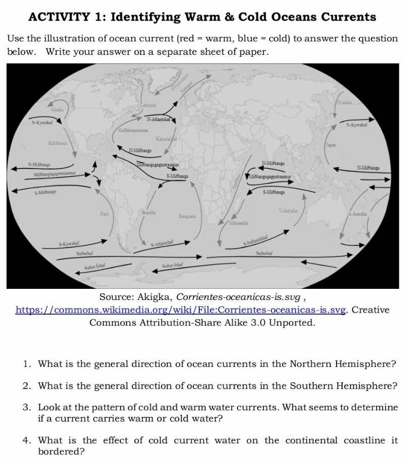 ACTIVITY 1: Identifying Warm & Cold Oceans Currents 
Use the illustration of ocean current (red = warm, blue = cold) to answer the question 
below. Write your answer on a separate sheet of paper. 
Source: Akigka, Corrientes-oceanicas-is.svg , 
https://commons.wikimedia.org/wiki/File:Corrientes-oceanicas-is.svg. Creative 
Commons Attribution-Share Alike 3.0 Unported. 
1. What is the general direction of ocean currents in the Northern Hemisphere? 
2. What is the general direction of ocean currents in the Southern Hemisphere? 
3. Look at the pattern of cold and warm water currents. What seems to determine 
if a current carries warm or cold water? 
4. What is the effect of cold current water on the continental coastline it 
bordered?