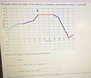 The graph shows the height of the squirrel, À (meters), as a function of time, t (seconds)
50
45
40
35
T30
15
10
5
16 18 20 22 24 26
2 4 6 8 10 12 14 Fime cs
-5
-10
-15
o
-20
What is the highest height the squirrel reaches?
meters
Solve h(t)=0. What does this represent?
seconds | Select an answer 
What is the y-intercept (starting value) of the graph (Make sure to write this as an ordered pair