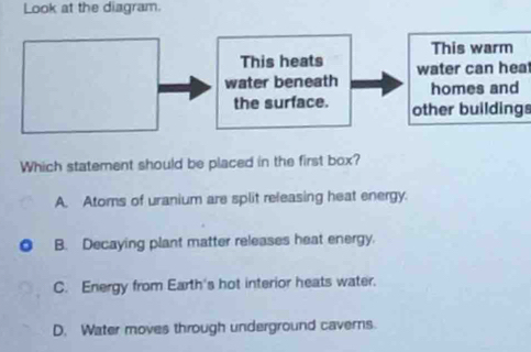 Look at the diagram.
This warm
This heats water can hea
water beneath homes and
the surface. other buildings
Which statement should be placed in the first box?
A. Atoms of uranium are split releasing heat energy.
B. Decaying plant matter releases heat energy.
C. Energy from Earth's hot interior heats water.
D. Water moves through underground caverns.