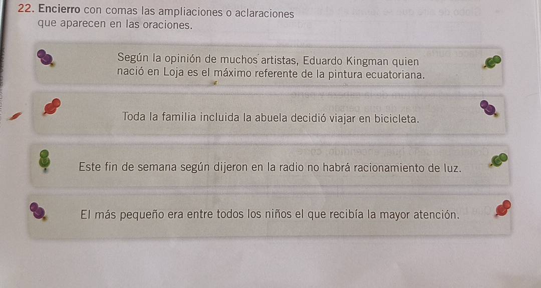 Encierro con comas las ampliaciones o aclaraciones 
que aparecen en las oraciones. 
Según la opinión de muchos artistas, Eduardo Kingman quien 
nació en Loja es el máximo referente de la pintura ecuatoriana. 
Toda la familia incluida la abuela decidió viajar en bicicleta. 
Este fin de semana según dijeron en la radio no habrá racionamiento de luz. 
El más pequeño era entre todos los niños el que recibía la mayor atención.