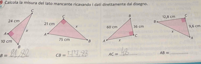 Calcola la misura del lato mancante ricavando i dati direttamente dal disegno. 

_ AB=
_ B=
CB= _ 
_ AC=