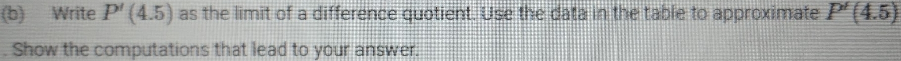 Write P'(4.5) as the limit of a difference quotient. Use the data in the table to approximate P'(4.5). Show the computations that lead to your answer.