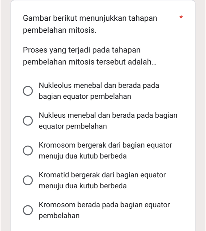 Gambar berikut menunjukkan tahapan *
pembelahan mitosis.
Proses yang terjadi pada tahapan
pembelahan mitosis tersebut adalah...
Nukleolus menebal dan berada pada
bagian equator pembelahan
Nukleus menebal dan berada pada bagian
equator pembelahan
Kromosom bergerak dari bagian equator
menuju dua kutub berbeda
Kromatid bergerak dari bagian equator
menuju dua kutub berbeda
Kromosom berada pada bagian equator
pembelahan