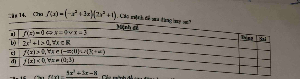 Cho f(x)=(-x^2+3x)(2x^2+1). Các mệnh đề
Các mệnh đề