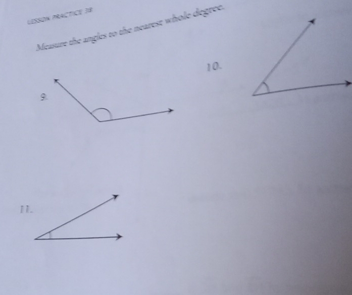 LESSON PRACTICE 3B 
Measure the angles to the nearest whole degree. 
10. 
11.