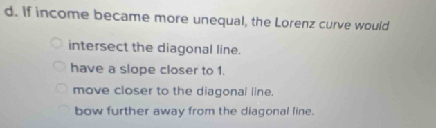 If income became more unequal, the Lorenz curve would
intersect the diagonal line.
have a slope closer to 1.
move closer to the diagonal line.
bow further away from the diagonal line.