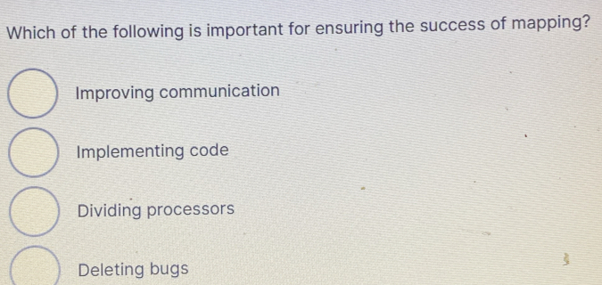 Which of the following is important for ensuring the success of mapping?
Improving communication
Implementing code
Dividing processors
Deleting bugs