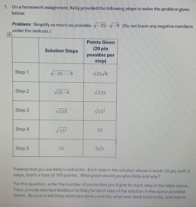 On a homework assignment, Kelly provided the following steps to solve the problem given
below.
Problem: Simplify as much as possible. sqrt(-25)· sqrt(-9) (Do not leave any negative numbers
under the radicals.)
Pretend that you are Kelly's instructor. Each step in the solution above is worth 20 pts (with 5
steps, that's a total of 100 points). What grade would you give Kelly and why?
For this question, enter the number of points that you'd give for each step in the table above.
Then, provide detailed feedback to Kelly for each step of the solution in the space provided
below. Be sure to tell Kelly what was done correctly, what was done incorrectly, and how to