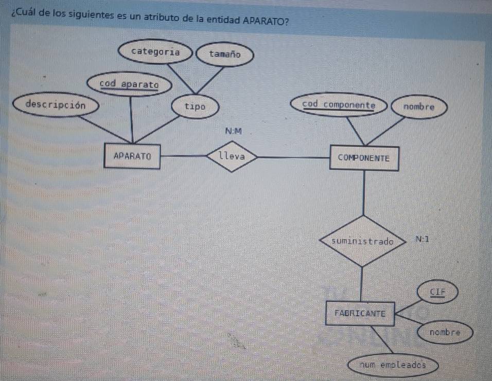 ¿Cuál de los siguientes es un atributo de la entidad APARATO?
num empleados