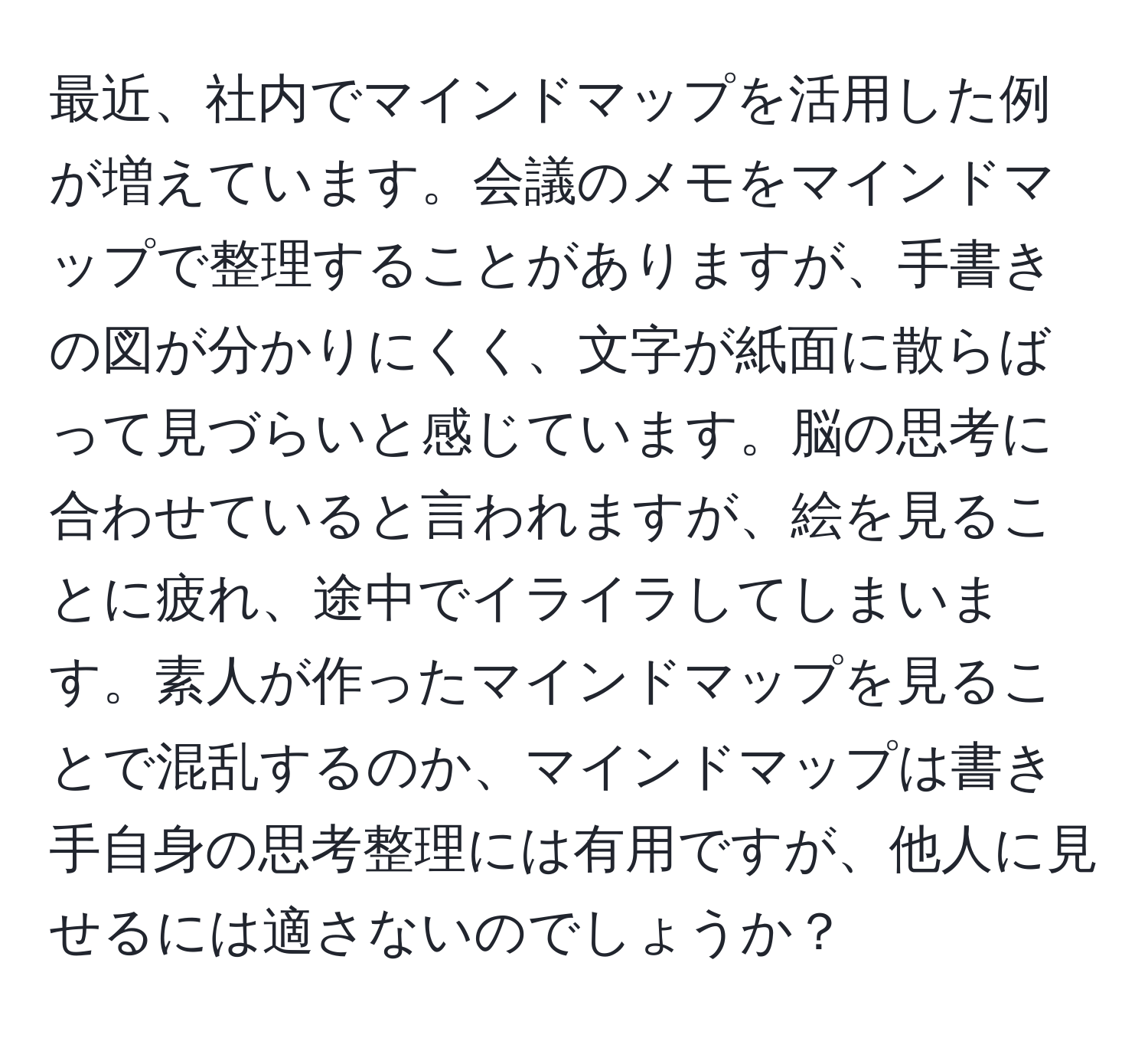 最近、社内でマインドマップを活用した例が増えています。会議のメモをマインドマップで整理することがありますが、手書きの図が分かりにくく、文字が紙面に散らばって見づらいと感じています。脳の思考に合わせていると言われますが、絵を見ることに疲れ、途中でイライラしてしまいます。素人が作ったマインドマップを見ることで混乱するのか、マインドマップは書き手自身の思考整理には有用ですが、他人に見せるには適さないのでしょうか？