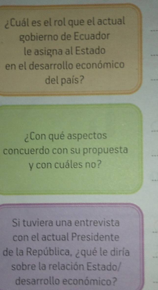 ¿Cuál es el rol que el actual 
gobierno de Ecuador 
le asigna al Estado 
en el desarrollo económico 
del país? 
¿Con qué aspectos 
concuerdo con su propuesta 
y con cuáles no? 
Si tuviera una entrevista 
con el actual Presidente 
de la República, ¿qué le diría 
sobre la relación Estado/ 
desarrollo económico?