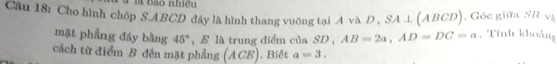 là Bào nhiều 
Câu 18: Cho hình chóp S. ABCD đầy là hình thang vuông tại A và D , SA⊥ (ABCD) , Góc giữa SB và 
mặt phầng đáy bằng 45° , E là trung điểm của SD , AB=2a, AD=DC=a. Tính khoảng 
cách từ điểm B đến mặt phầng (ACE). Biết a=3.