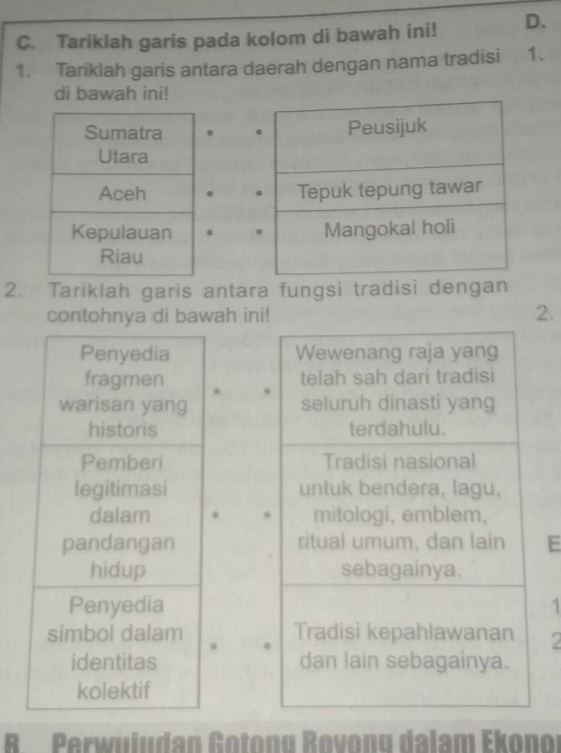 Tariklah garis pada kolom di bawah ini!
D.
1. Tariklah garis antara daerah dengan nama tradisi 1.
di bawah ini!



2. Tariklah garis antara fungsi tradisi dengan
contohnya di bawah ini! 2.
Wewenang raja yang
telah sah dari tradisi
seluruh dinasti yang
terdahulu.
Tradisi nasional
untuk bendera, lagu,
mitologi, emblem,
ritual umum, dan lain E
sebagainya.
1
Tradisi kepahlawanan 2
0
dan lain sebagainya.
B Perwuludan Gotonų Røvong dalam Ekonoi