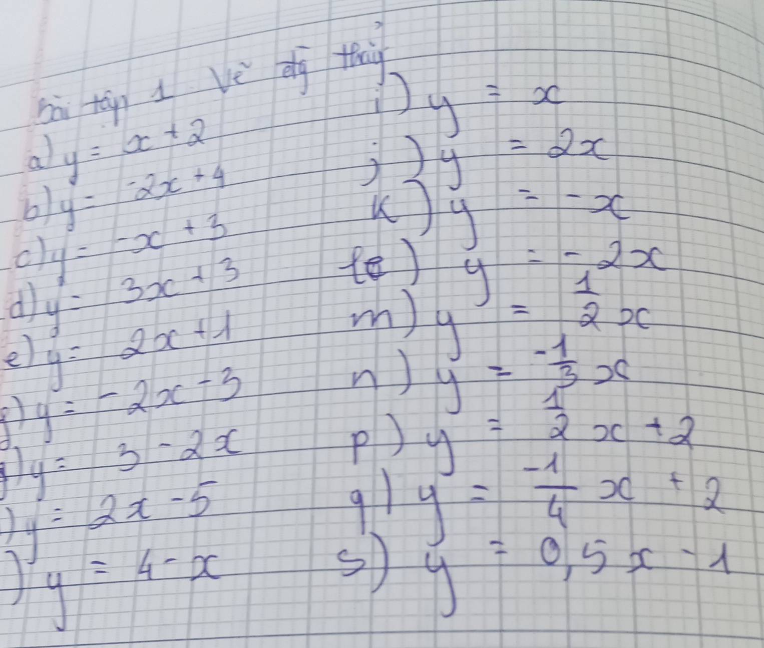 sà tàn i yè dà thi 
D y=x
al y=x+2 y=2x
b) y=-2x+4
) 
c) y=-x+3
() y=-x
d y=3x+3
te) 
e) y=2x+1
m) y=2x
y=-2x-3
n ) y= (-1)/3 x
1 
H y=3-2x
y=2x+2
P) y= (-1)/4 x+2
1 y=2x-5
91 y=0.5x-1
y=4-x