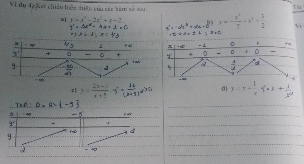 Ví dụ 4 Xét chiều biển thiên của các hàm số sau: Tài
a) y=x^3-2x^2+x-2.
p) y=- x^4/2 +x^2+ 3/2 .
Ví
c) y、2r-1
d) y=x+ 1/x · y'=1+ 1/x^Q 
_
_
_
_
_
_
_
_
_