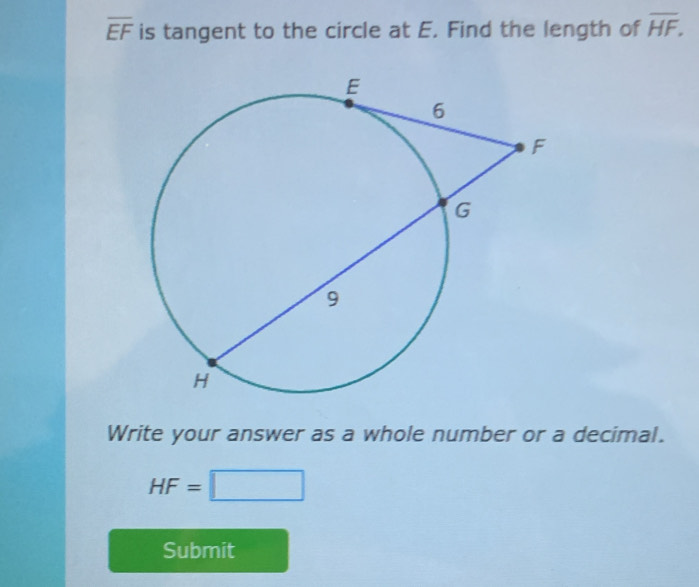 overline EF is tangent to the circle at E. Find the length of overline HF. 
Write your answer as a whole number or a decimal.
HF=□
Submit