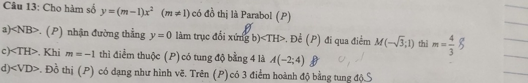 Cho hàm số y=(m-1)x^2(m!= 1) có đồ thị là Parabol (P) 
a). (P) nhận đường thẳng y=0 làm trục đối xứng b). Đề (P) đi qua điểm M(-sqrt(3);1) thì m= 4/3 
c). Khi m=-1 thì điểm thuộc (P) có tung độ bằng 4 là A(-2;4)
d). Đồ thị (P) có dạng như hình vẽ. Trên (P) có 3 điểm hoành độ bằng tung độ S