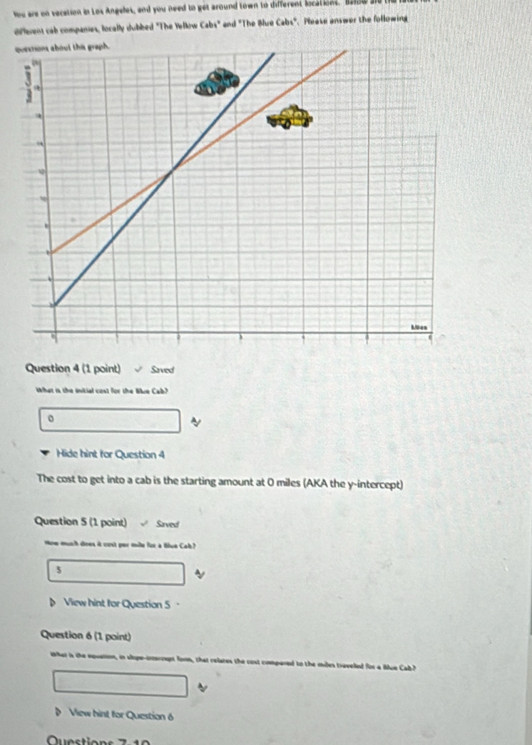 You are on secation i Los Angeles, and you need to get around town to different locations. Below a 
eflerent cab companies, locally dubbed "The Wellow Cabs" and "The Blue Cabs". Please answer the following 
q 
Question 4 (1 point) Saved 
What is the initial cost for the Blue Cab? 
。 
~ 
Hide hint for Question 4 
The cost to get into a cab is the starting amount at 0 miles (AKA the y-intercept) 
Question 5 (1 point) Saved 
How much does it cust per mile for a blue Cab? 
s 
View hint for Question 5 · 
Question 6 (1 point) 
Wker is the equatio, in slope-intercept form, that relates the cost compared to the ides traveled for a Blue Cab? 
View hint for Question 6