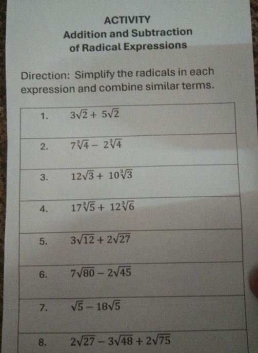 ACTIVITY
Addition and Subtraction
of Radical Expressions
Direction: Simplify the radicals in each
expression and combine similar terms.
8. 2sqrt(27)-3sqrt(48)+2sqrt(75)