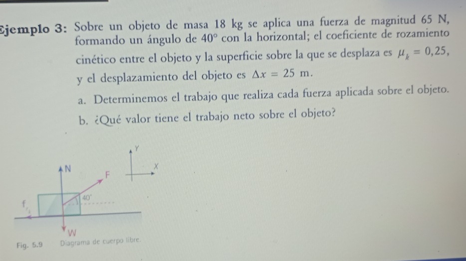 Ejemplo 3: Sobre un objeto de masa 18 kg se aplica una fuerza de magnitud 65 N,
formando un ángulo de 40° con la horizontal; el coeficiente de rozamiento
cinético entre el objeto y la superficie sobre la que se desplaza es mu _k=0,25, 
y el desplazamiento del objeto es △ x=25m. 
a. Determinemos el trabajo que realiza cada fuerza aplicada sobre el objeto.
b. ¿Qué valor tiene el trabajo neto sobre el objeto?
Y

×
F
40°
f
w
Fig. 5.9 Diagrama de cuerpo libre.