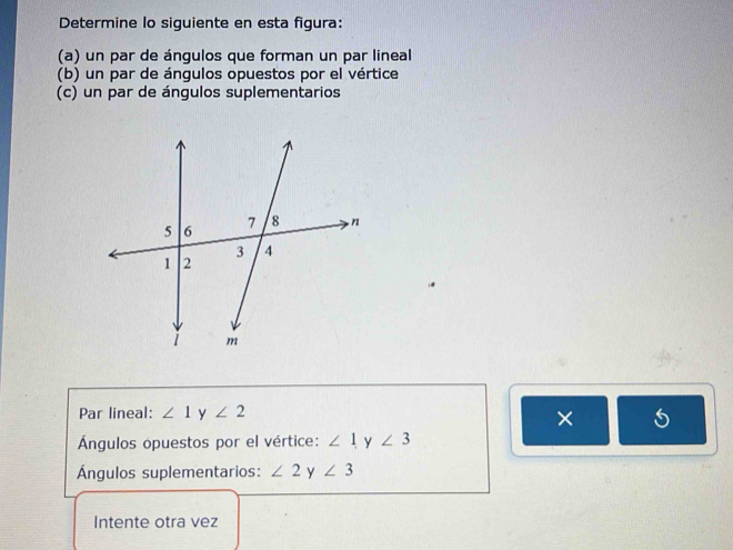 Determine lo siguiente en esta figura: 
(a) un par de ángulos que forman un par lineal 
(b) un par de ángulos opuestos por el vértice 
(c) un par de ángulos suplementarios 
Par lineal: ∠ 1 y ∠ 2
× 5
Ángulos opuestos por el vértice: ∠ 1 y ∠ 3
Ángulos suplementarios: ∠ 2 y ∠ 3
Intente otra vez